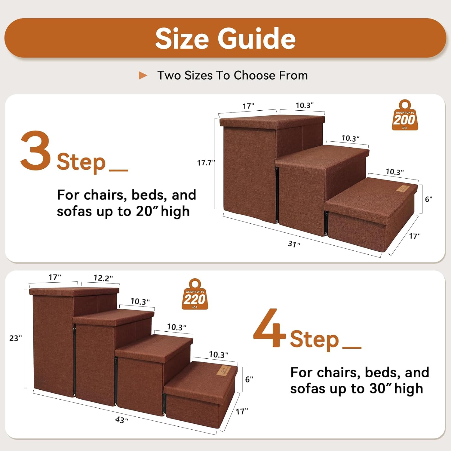 Dog Stairs with Storage 23" H, 4-Step Wider Dog Steps for High Beds Window, Folding Sturdy Pet Stairs Gift for Small/Medium/Large Old Dogs Cats, Ramp for Climbing Car Up to 200 lbs, Brown - Pet Explorer