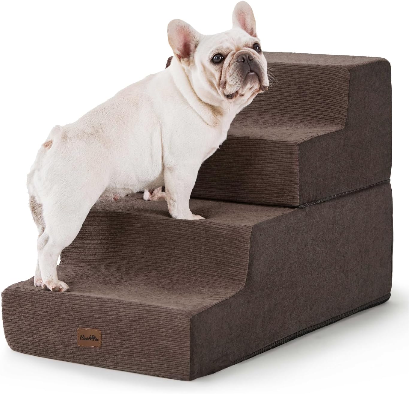 Made4Pets Dog Steps for Bed, Extra Wide Dog Stairs for High Bed Couch Sofa, 35D Foam Pet Steps for Small Dogs and Cats, Non-Slip Bottom Pet Stairs, Brown, 4 Steps - Pet Explorer
