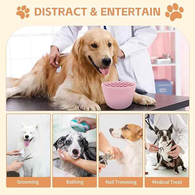 Dog Lick Bowl with Brush and Scraper, Anxiety Relief Silicone Slow Feeder Treat Dispenser, Anti-chocking Pet Dish, Non-Slip Interactive Entertainment Dog Puzzle Toy for Medium & Large-Pink