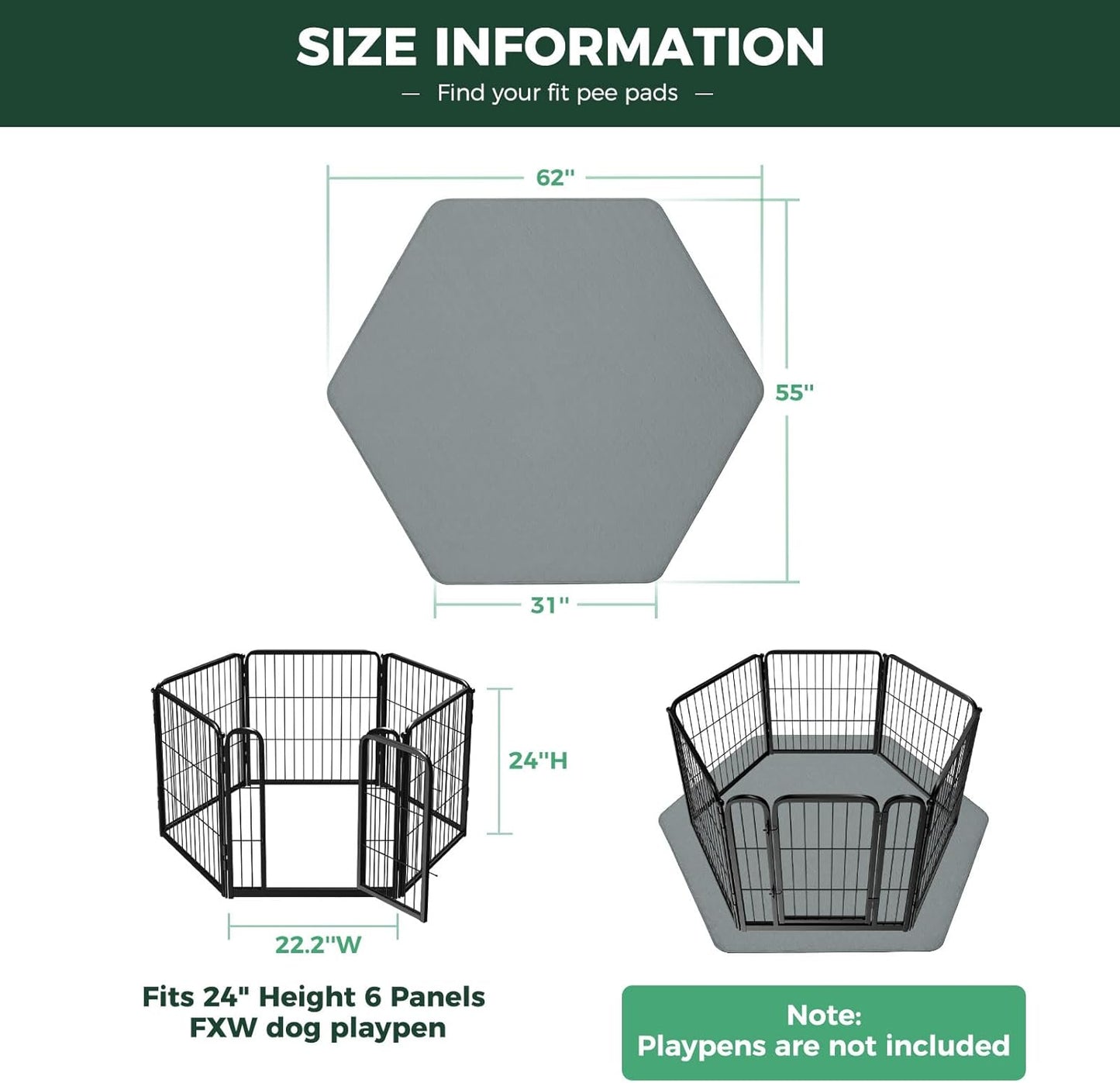 FXW Washable Pee Pads for Dogs, Puppy Pads with Super Absorbent, Specifically Designed for FXW Rollick/Homeplus 24inch 6 Panels Dog Playpen, 31" Hexagon, Gray, 1 Pack - Pet Explorer