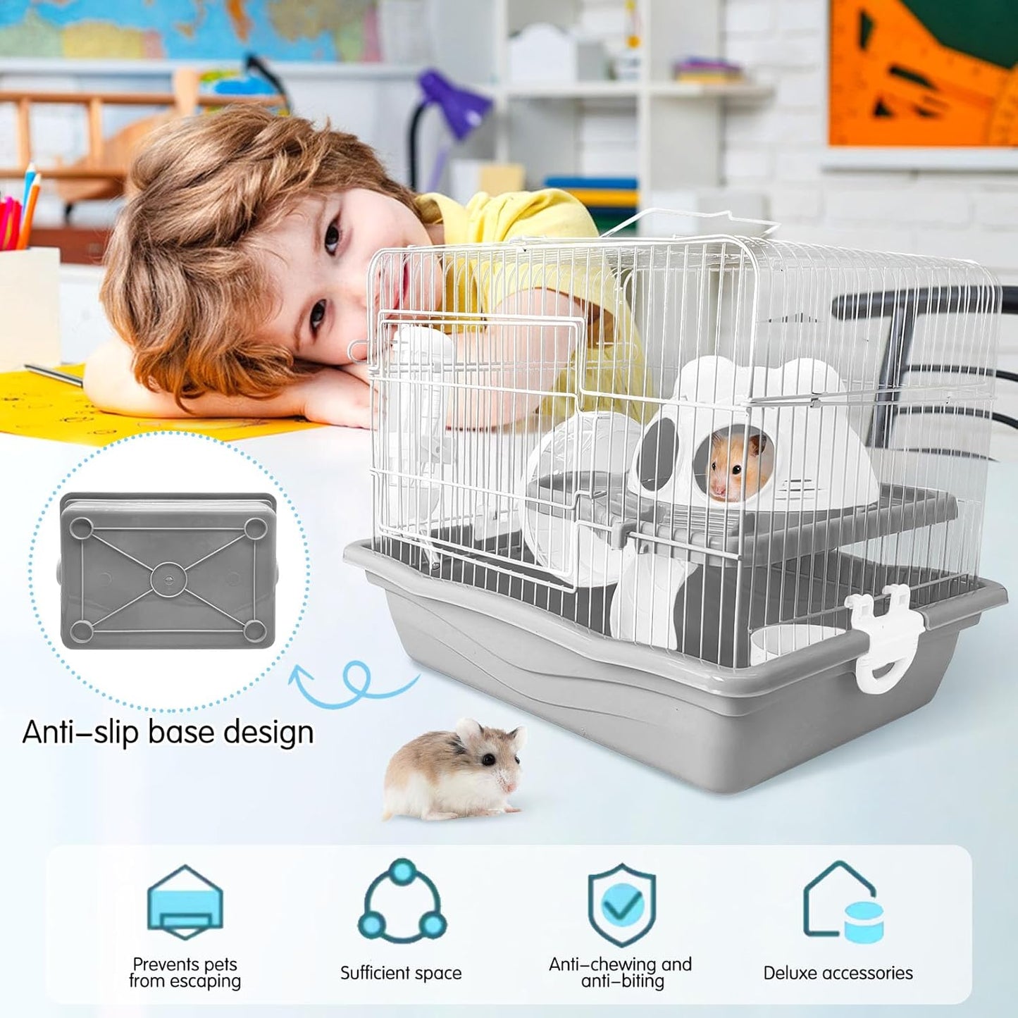 PINVNBY Dwarf Hamster Cage, Small Animal Cages, 2-Tier Travel Portable Mouse Cage Hamster Carrier with Castle House Running Exercise Wheels, Water Bottle and Food Dis（Gray） - Pet Explorer