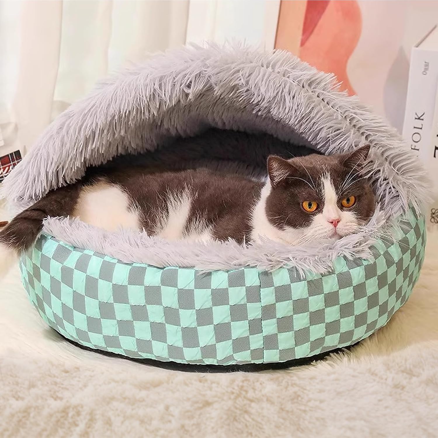Cat Bed Hooded Plush Nest with Self-Warming Cozy Cave, Calming Anti-Anxiety Pet Bed for Indoor Cats & Small Dogs, Removable Washable Cover & Waterproof Bottom - Gray - Pet Explorer