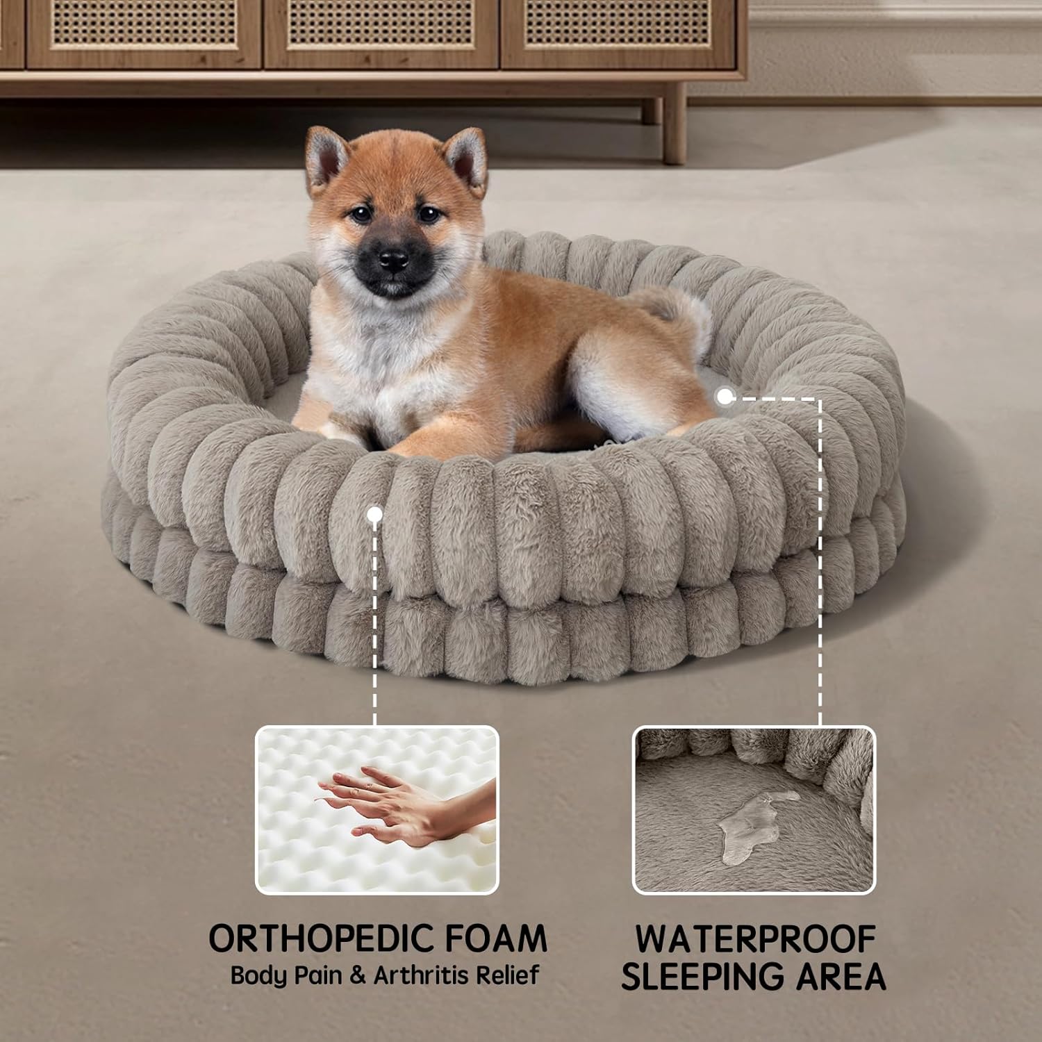 BALANCE Luxury Donut Dog Bed, 30 Inches Round Dog Bed Medium Size Dogs Washable, Orthopedic Calming Dogs Bed for Pets with Anti-Slip Bottom, Oatmeal - Pet Explorer