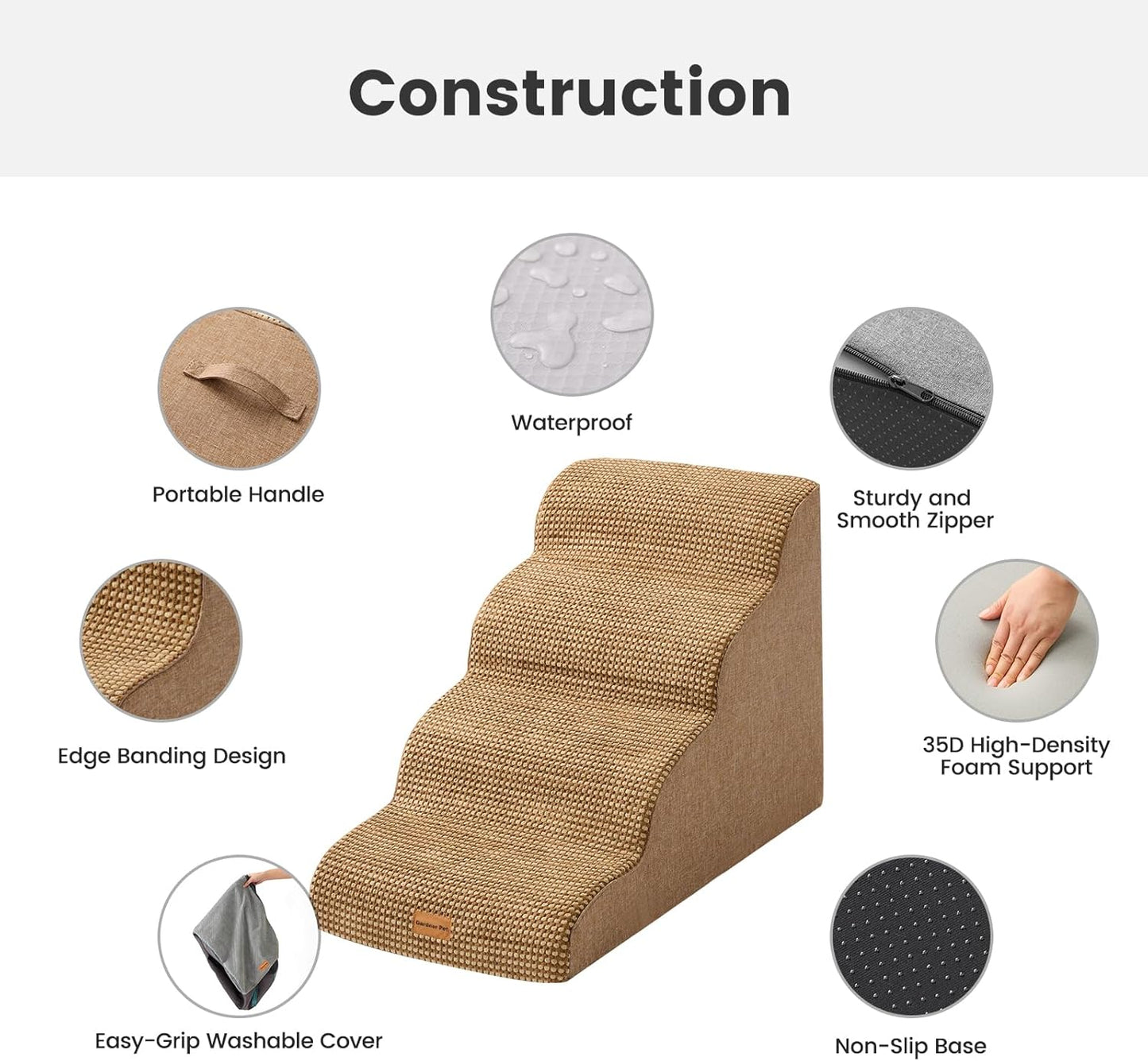Gardner Pet Dog Stairs for Small Dogs 19.7" H, 4-Step Brown Curved Pet Stairs, Dog Steps for High Bed (18-24 in), Couch with Durable Non-Slip Waterproof Fabric Cover and CertiPUR-US Certified Foam - Pet Explorer
