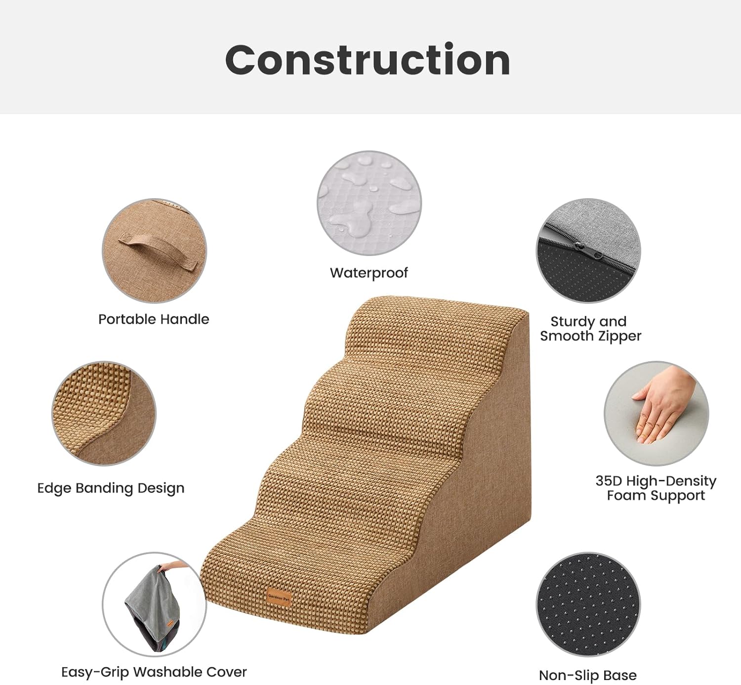 Gardner Pet Dog Stairs for Small Dogs 19.7" H, 4-Step Brown Curved Pet Stairs, Dog Steps for High Bed (18-24 in), Couch with Durable Non-Slip Waterproof Fabric Cover and CertiPUR-US Certified Foam - Pet Explorer