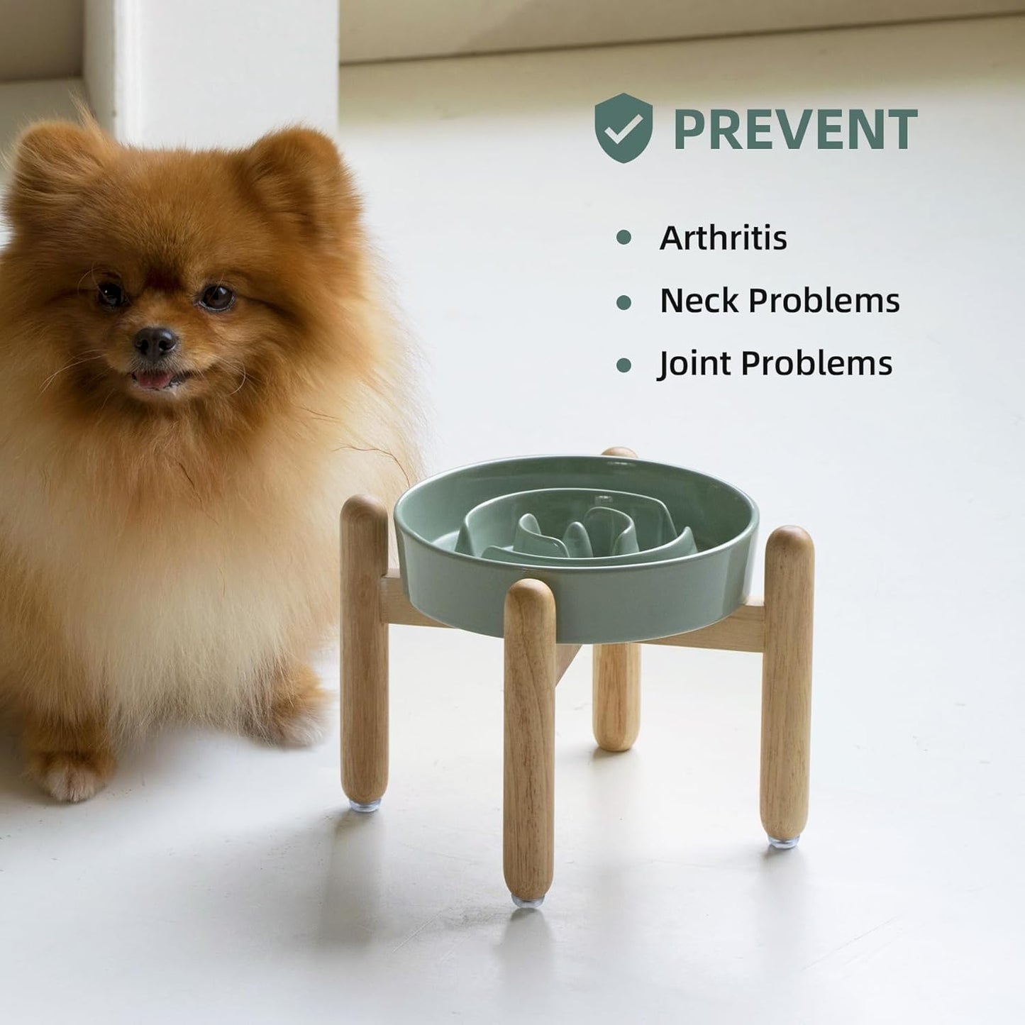 7.3inch Ceramic Raised Slow Feeder Dog Bowl Set, Elevated Wooden Stand for Medium and Small Dog, Puzzle Slow Dish, Preventing Choking(Light Green, Single Bowl+ Stand) - Pet Explorer