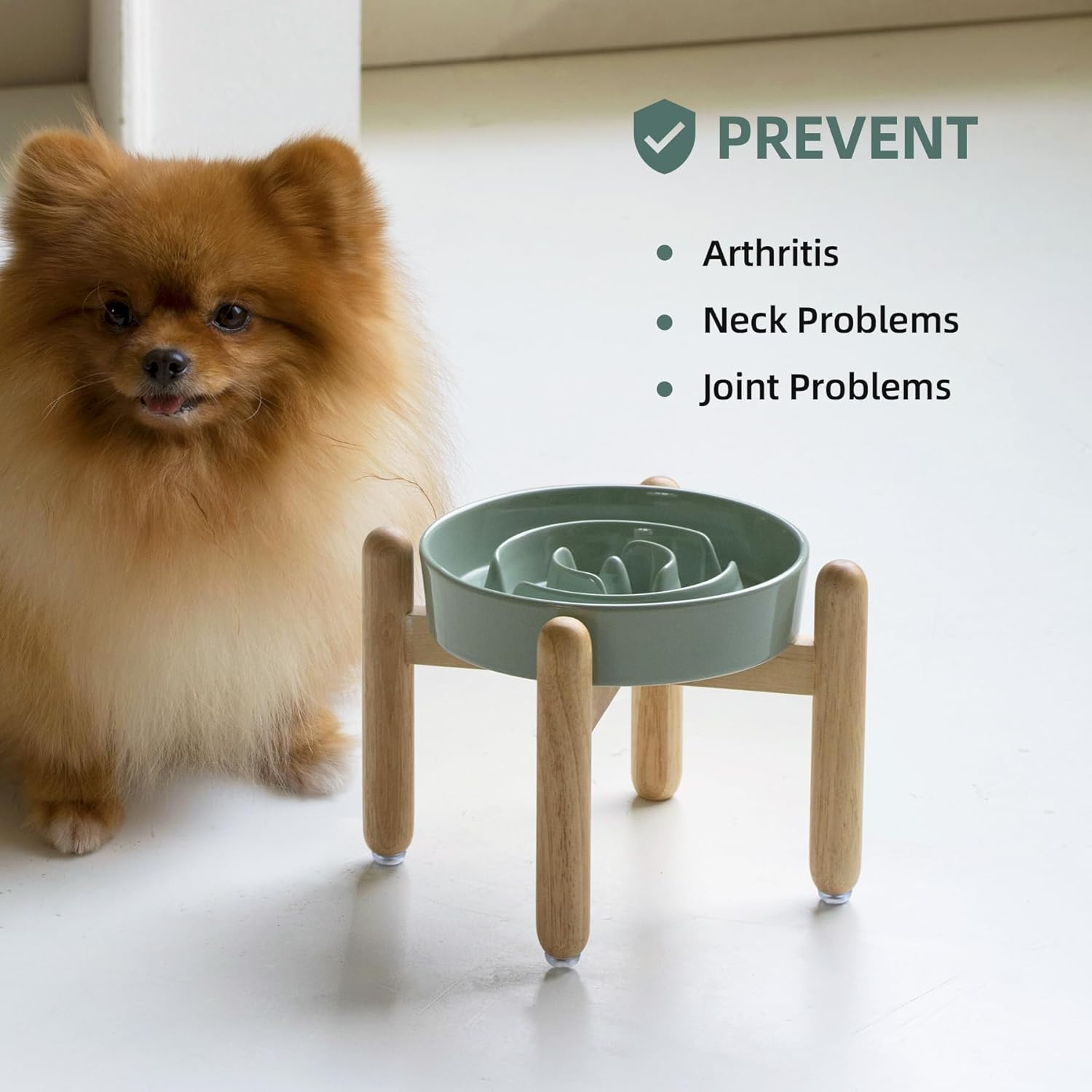 7.3inch Ceramic Raised Slow Feeder Dog Bowl Set, Elevated Wooden Stand for Medium and Small Dog, Puzzle Slow Dish, Preventing Choking(Light Green, Single Bowl+ Stand) - Pet Explorer