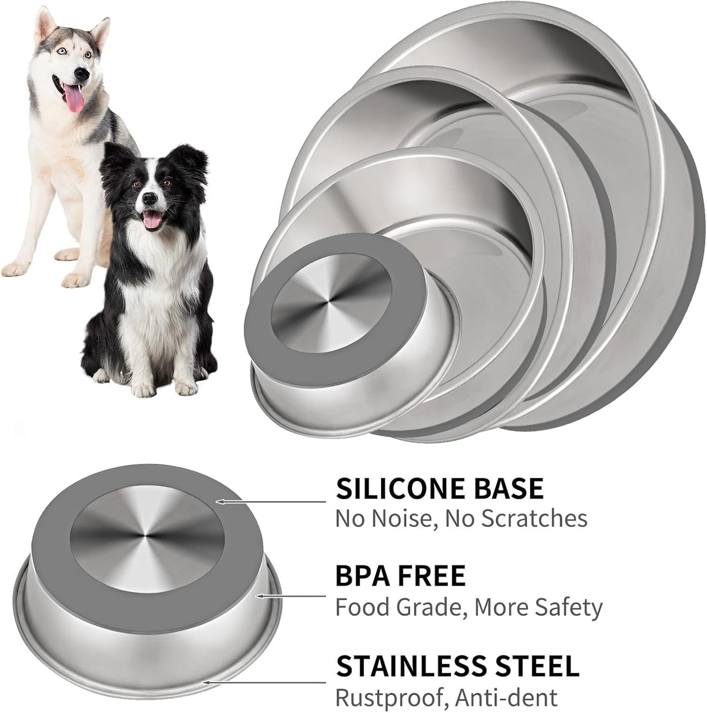Taglory 8 Cup Stainless Steel Dog Bowls Set of 2 for Food and Water, Silicone Base Anti-Slip, Rust Resistant, Extra Thick Metal Bowls for Medium Dogs, 59oz, Gray - Pet Explorer