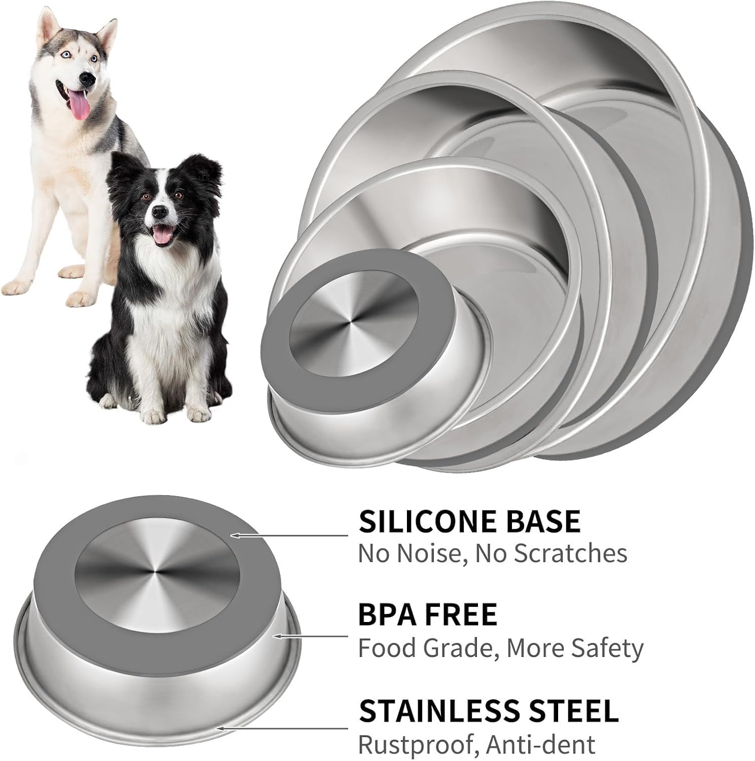 Taglory 8 Cup Stainless Steel Dog Bowls Set of 2 for Food and Water, Silicone Base Anti-Slip, Rust Resistant, Extra Thick Metal Bowls for Medium Dogs, 59oz, Gray - Pet Explorer