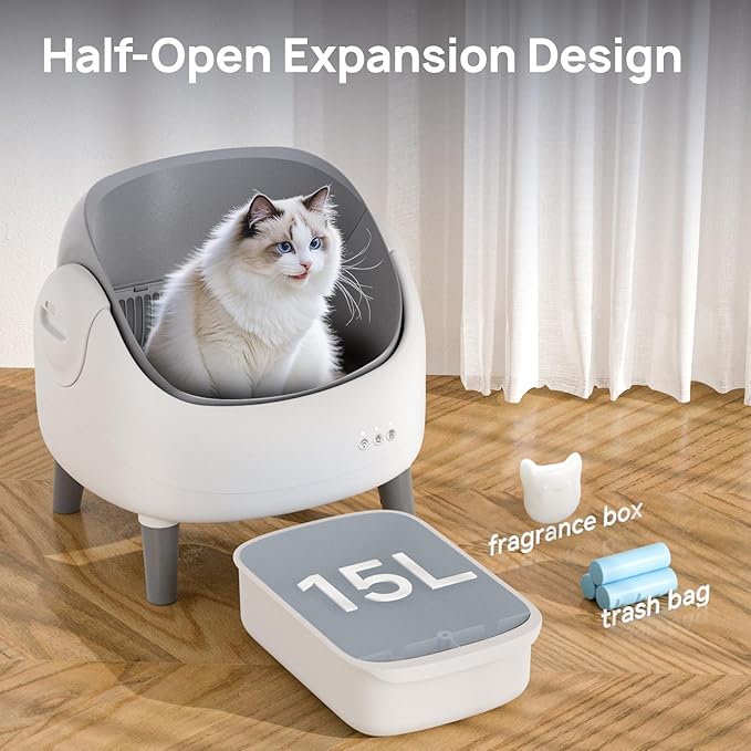 Open-Top Automatic Cat Litter Box, Self Cleaning Litter Box for Multi-Cat Families, APP Control, Safety Protection, 1 Roll Waste Bag