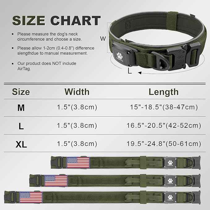 2026 Upgrade Dog Collar with IPX8 Waterproof AirTag Holder,Military Tactical Comfortable Control Handle and Ultra-Durable Metal Buckle/Night Reflective,GPS Collar for Medium to Large Dog（ArmyGreen/M）
