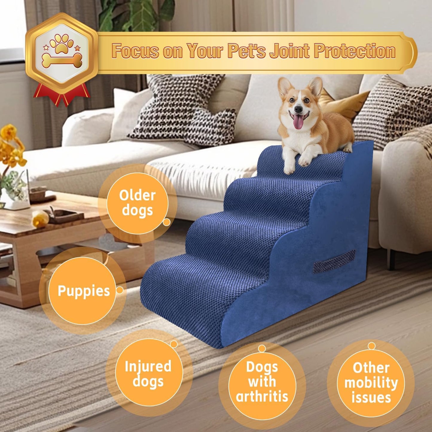 PAWSCART Dog Stairs for Small Dogs and Cats, 4-Step Dog Steps for Bed, 19.6" H Pet Stairs for High Bed, Pet Ramp for Couch, Sofa, Non-Slip Surface Removable Washable Cover, Blue - Pet Explorer