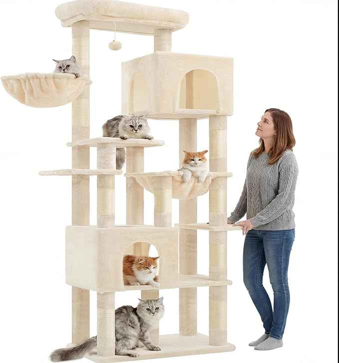 Heybly Cat Tree, 76-Inch Tall Heavy Duty Cat Tower for Big Cats with Extra Wide Baseboard, Multi-Level Large Cat Furniture with 2 Condos & 2 Hammocks, 10 Scratching Posts, Beige HCT039M