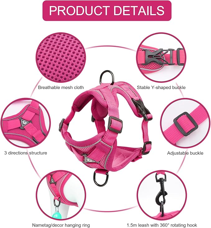 Vest Harness Leash Set for Small Dog Large Cat, Upgraded Escape Proof Adjustable Jacket with Lead for Puppy Fat Cat Outdoor Walking, Soft Breathable Mesh Coat with Reflective Strip for Dark XL Pink