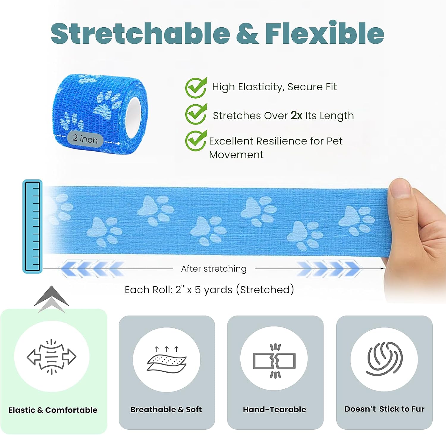 Pet Bandage 6 Rolls, Adhesive Bandage, Self Adhesive Bandage, First Aid Adhesive Gauze, for Horses, Dogs,Cats, Birds, Animals (Paw Prints, 2 Inch (Pack of 6)) - Pet Explorer