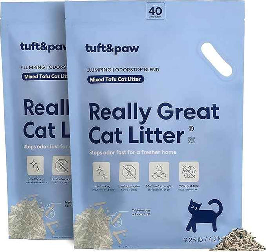 Tuft & Paw Really Great Cat Litter OdorStop, Low Tracking Mixed Tofu Cat Litter, Clumping, Multi-cat, Odor Control, Dust-Free - 9.25lbs x 2Bags (OdorStop)