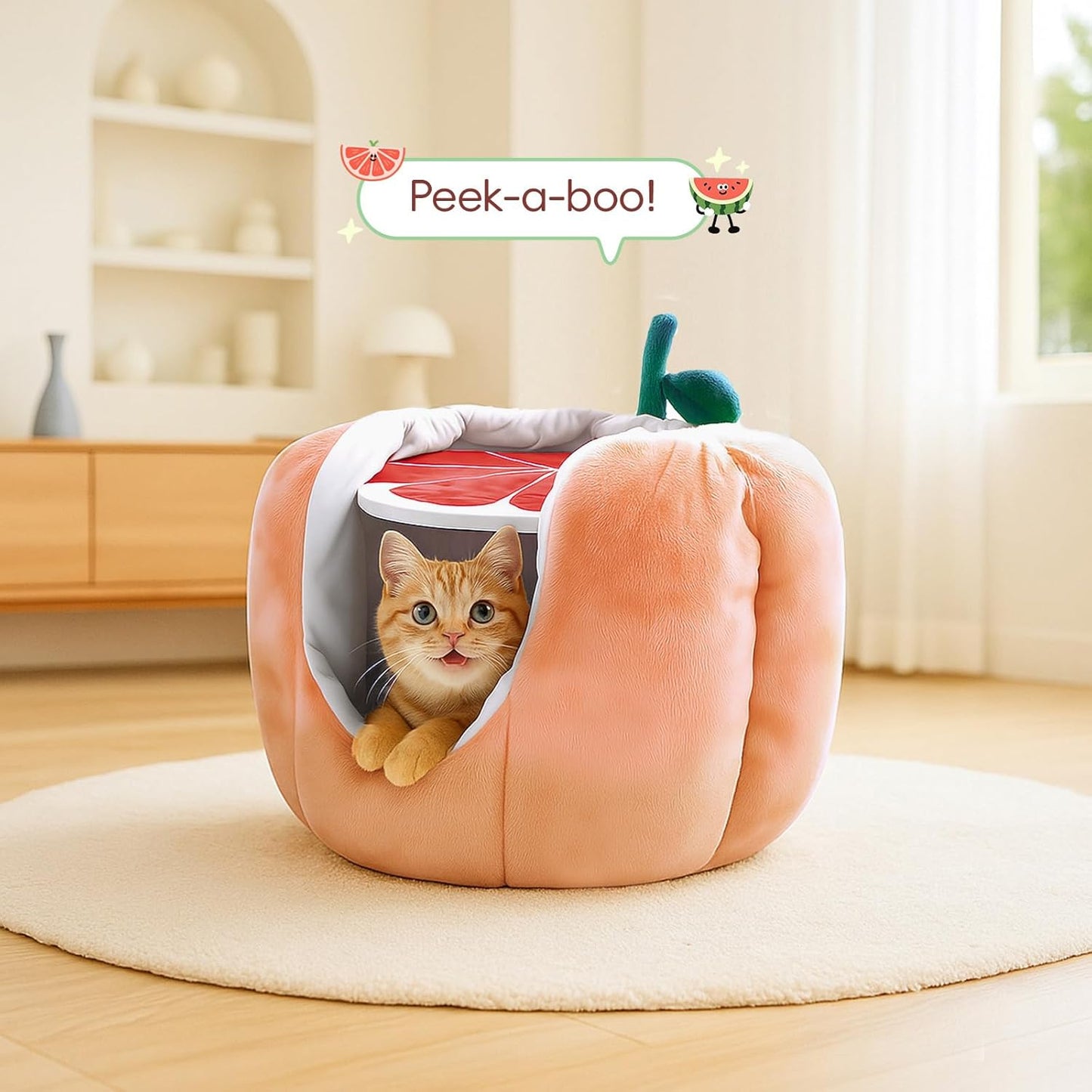 Cat Houses for Indoor Cats, Small Cat Tree with Sisal Ropes and Plush Perch, Cute Cat Bed Cave with Soft Pillow, Grapefruit Design - Pet Explorer
