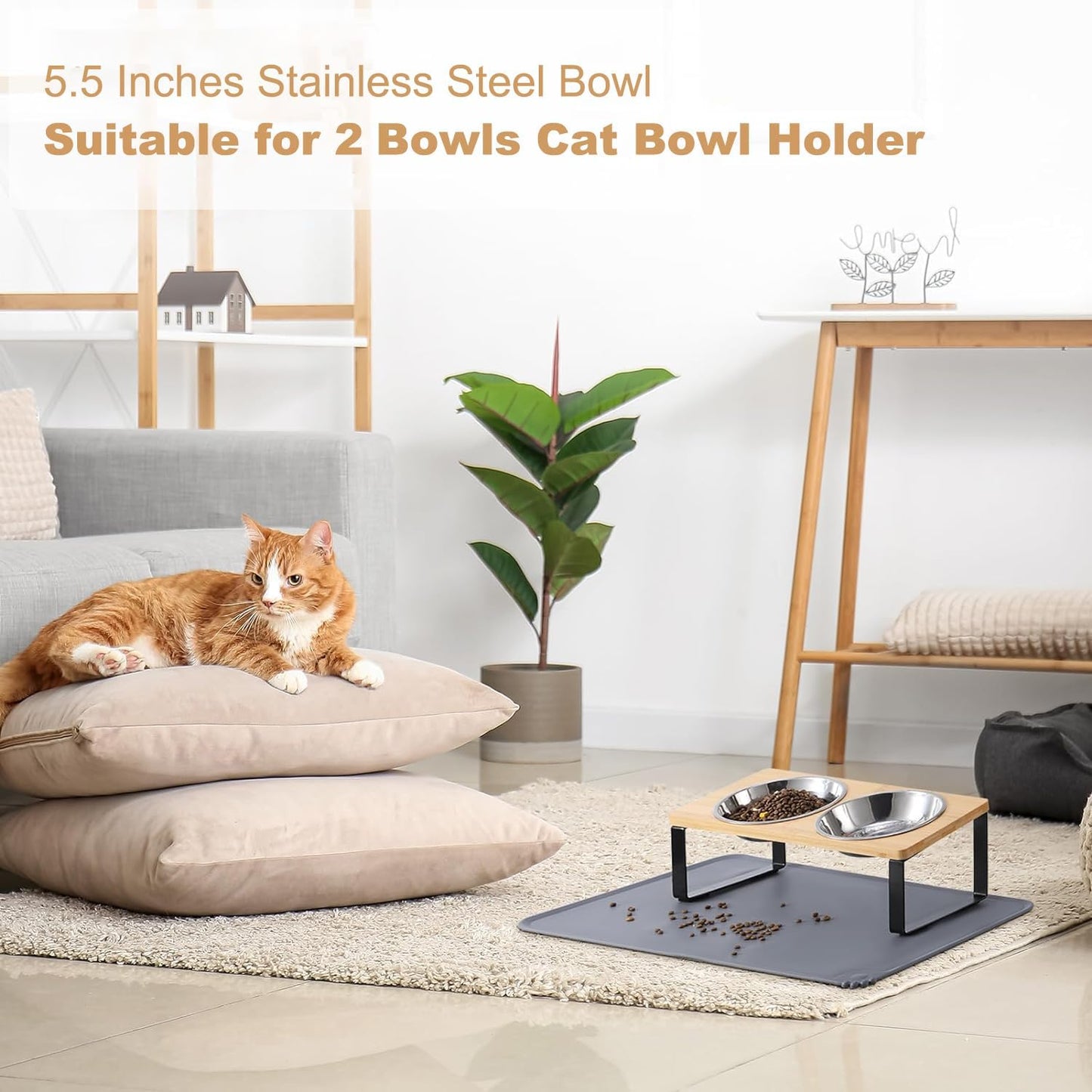 Stainless Steel Raised Cat Food Bowl for 2 Bowls, 5.5-Inch Replaceable Cat Bowl, Pack of 2 （Not fit 4.7 inch 3 Bowls）