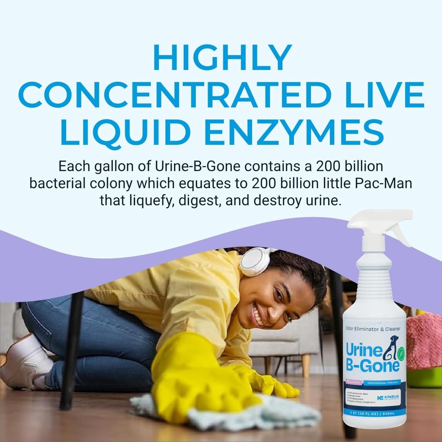 KINZUA ENVIRONMENTAL Urine B-Gone, Professional Enzyme Odor Eliminator & Pet Stain Remover, Human, Cat & Dog Urine Cleaner, Effective on Laundry, Carpets & More, Lavender Scent, 32oz - Pet Explorer