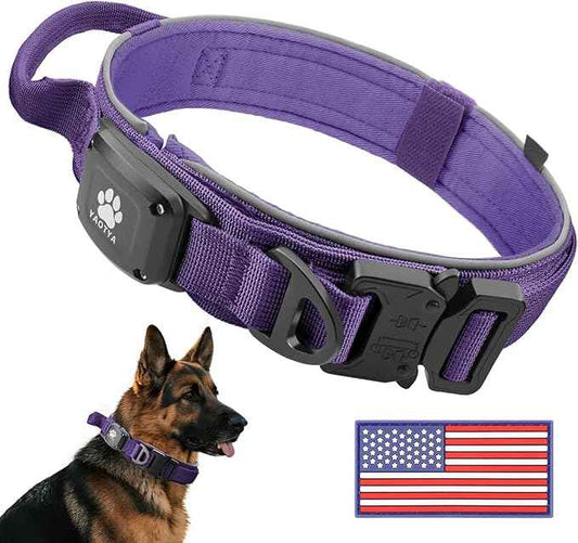 2026 Upgrade Dog Collar with IPX8 Waterproof AirTag Holder,Military Tactical Comfortable Control Handle and Ultra-Durable Metal Buckle/Night Reflective,GPS Collar for Medium to Large Dogs（Purple/XL）