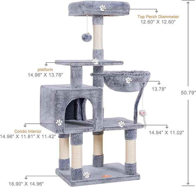 Heybly Cat Tree with Toy, Cat Tower Condo for Indoor Cats, Cat House with Padded Plush Perch, Cozy Hammock and Sisal Scratching Posts, Pewter HCT004PE