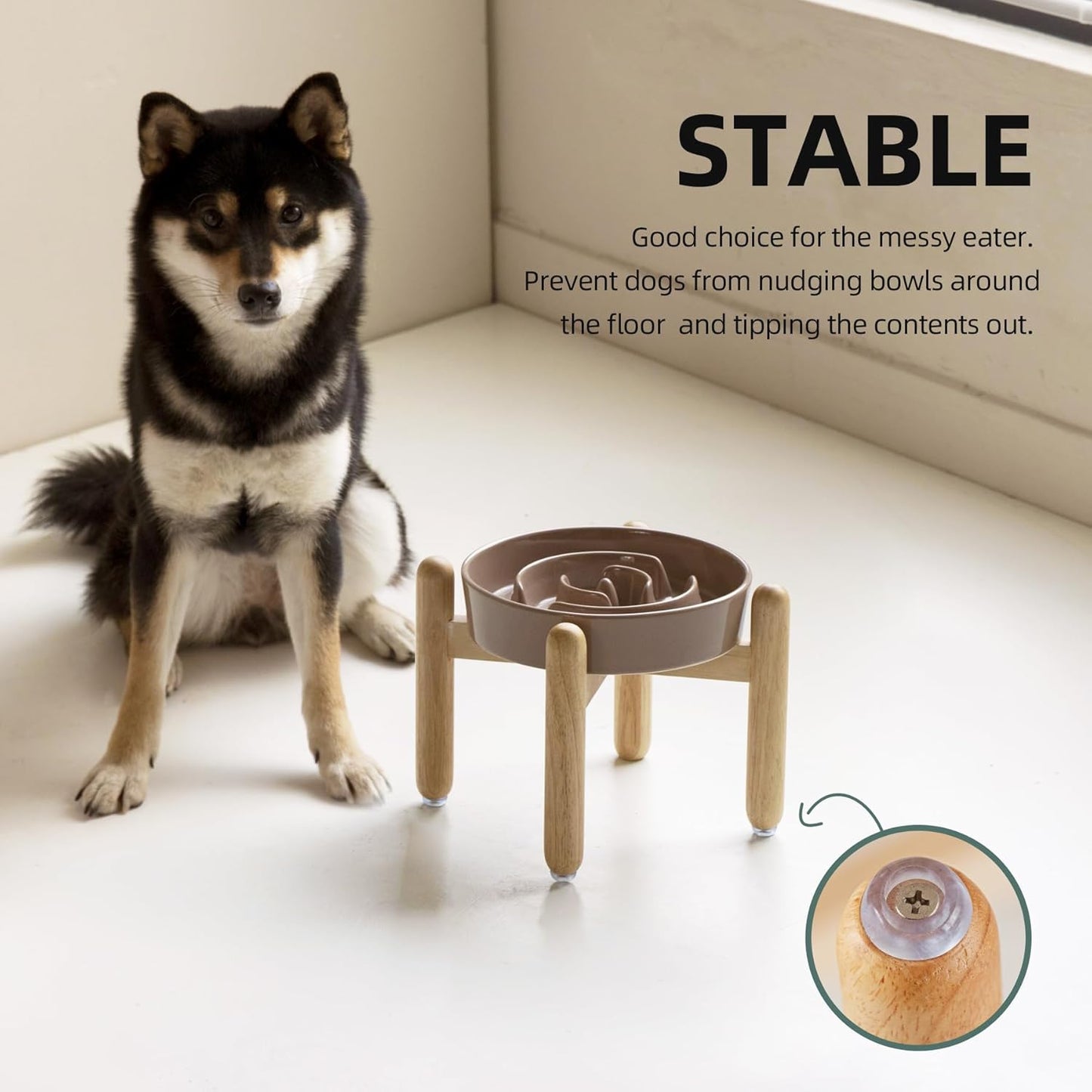 7.3inch Ceramic Raised Slow Feeder Dog Bowl Set, Elevated Wooden Stand for Medium and Small Dog, Puzzle Slow Food Dish, Preventing Choking(Brown Coffee, Single Bowl+ Stand) - Pet Explorer
