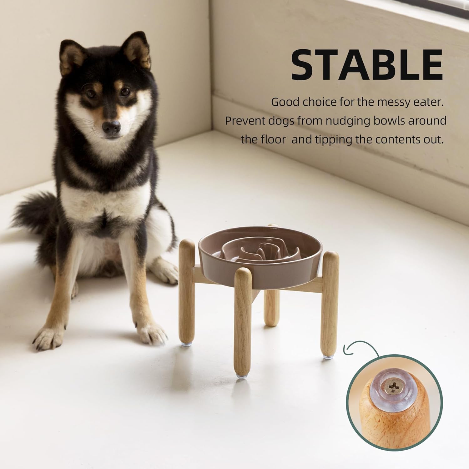 7.3inch Ceramic Raised Slow Feeder Dog Bowl Set, Elevated Wooden Stand for Medium and Small Dog, Puzzle Slow Food Dish, Preventing Choking(Brown Coffee, Single Bowl+ Stand) - Pet Explorer