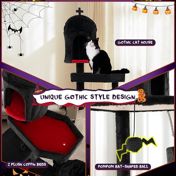 Tangkula Gothic Cat Tree, 83 Inch Tall Cat Tower with Sisal Covered Scratching Posts, 2 Coffin Beds, 2 Cat Condos, Hammock, Basket Bed, Halloween Pet Furniture, Black Goth Cat Tree for Indoor Cats