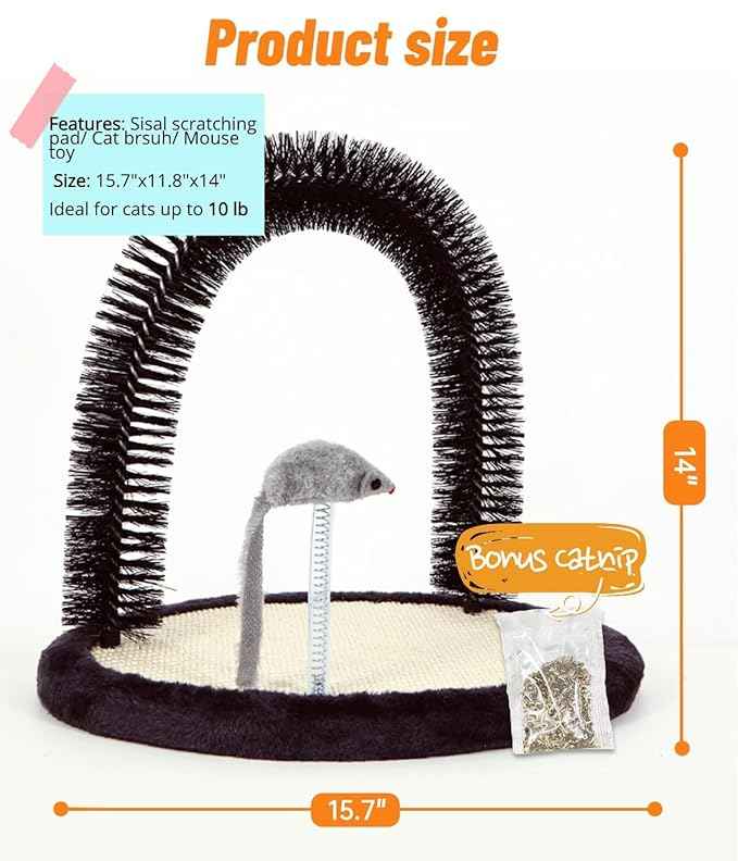 Happi N Pets Cat Self Groomer, Arch Grooming Brush wtih Heavy Duty Woven Sisal Pad, Rubbing Post & Catnip Toy, Cat Face Scratchers Body Massager, Cat Scratchers for Indoor Cats, Black