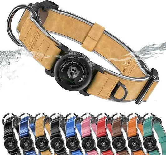 WhoseID Premium Leather Dog Collar - AirTag Dog Collar | Fur-Safe Magnetic Buckle | IPX8 Waterproof Reflective Small Dog Collar with AirTag Holder