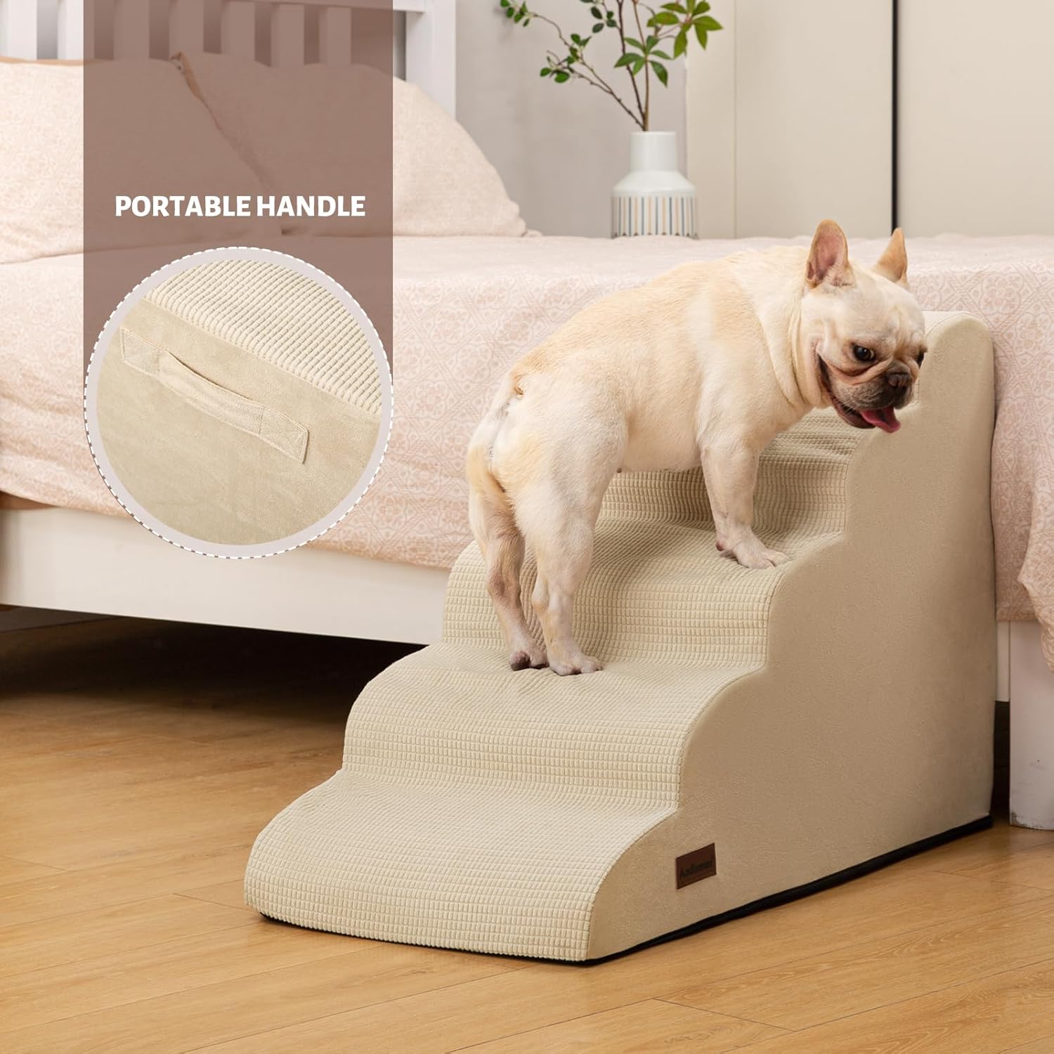 5-Step Dog Stairs and Ramp for High Bed,Non-Slip Sturdy Pet Steps for Small Dogs and Cats,22.2" H,Beige - Pet Explorer