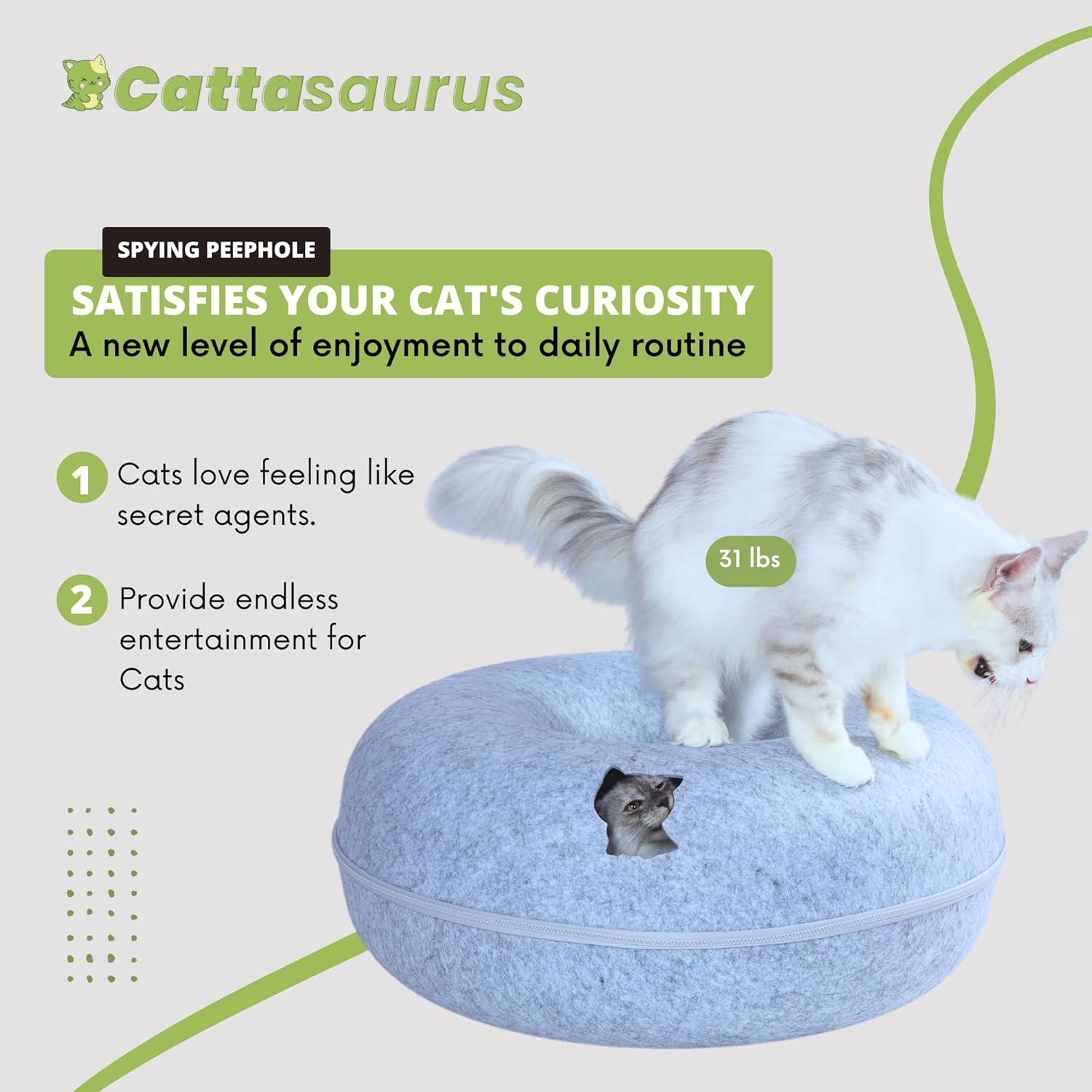Cattasaurus Peekaboo Cat Cave, Extra Spacious for Multiple & Large Cats 12+ lbs, Scratch Detachable Beds for Indoor Cats, Washable Tunnel Bed, Comfy Cat Donut Tunnel (Light Gray+Dark Gray, Jumbo) - Pet Explorer