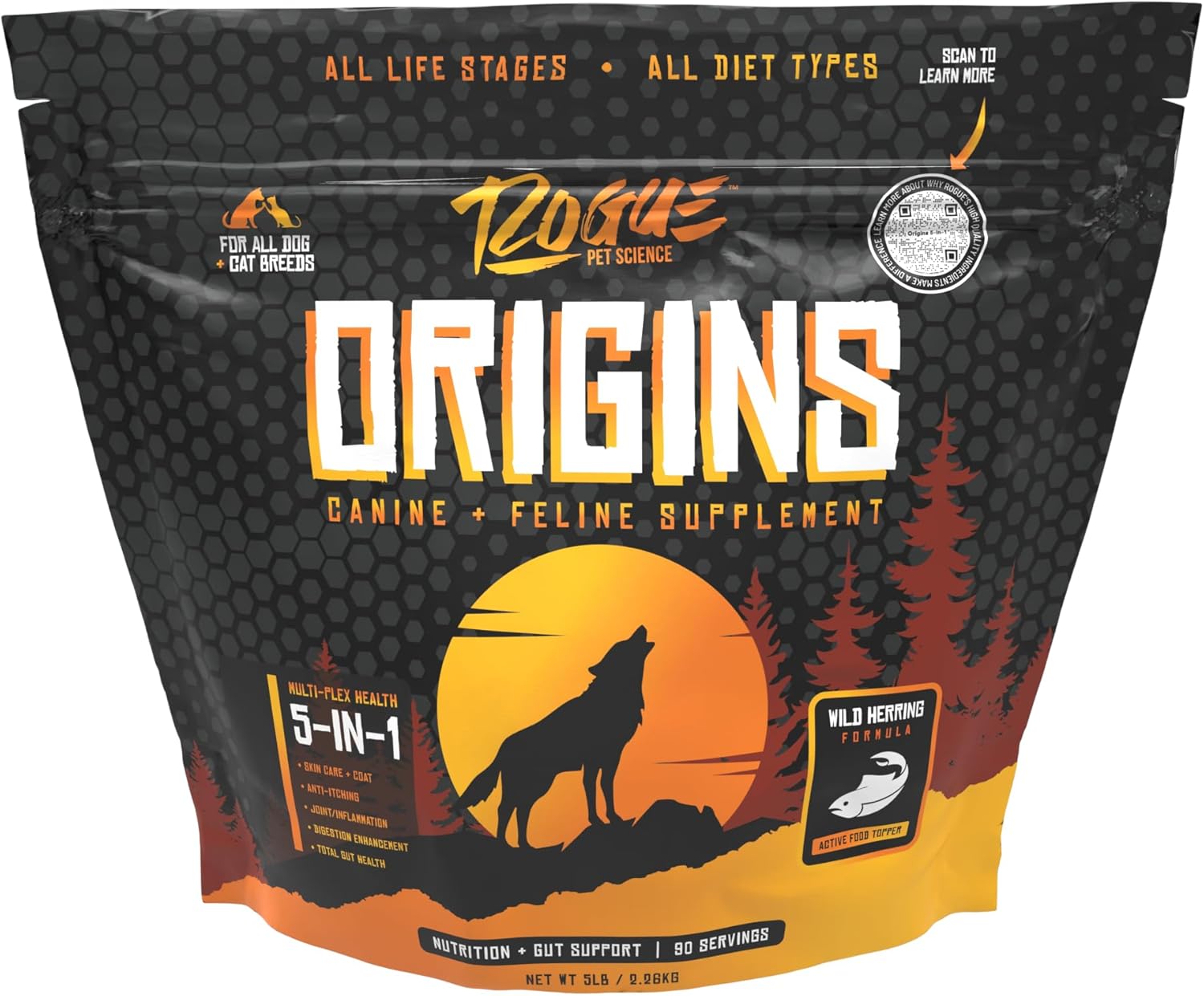 Origins 5-in-1 Dog Supplement - Powdered Food Topper w/Natural Omega 3 Fish Oil - Supports Healthy Digestion, Skin, and Coat - Helps Reduce Itching & Joint Inflammation (5 lbs) - Pet Explorer