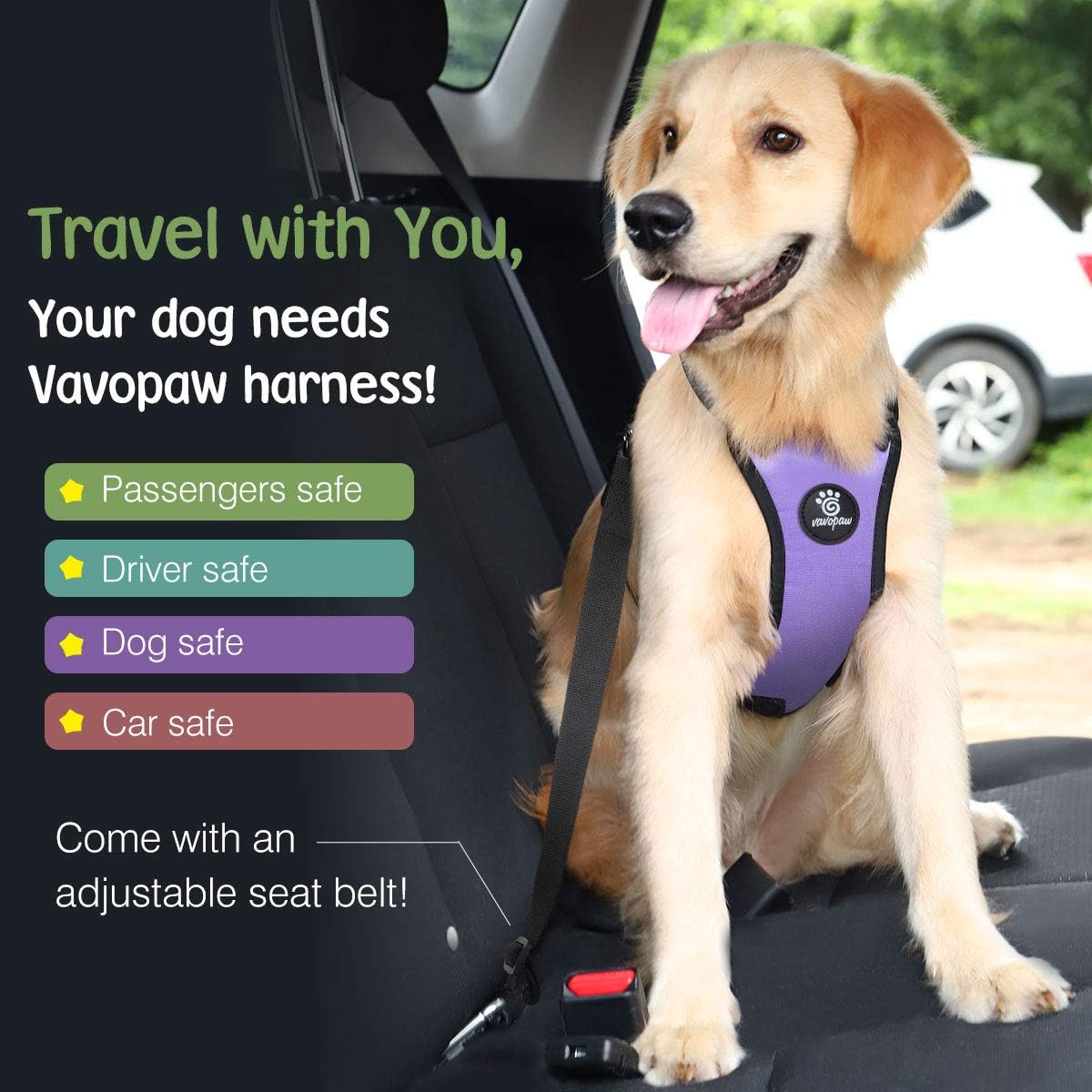 Dog Seat Belt, Safety Vest Dog Car Harness with Adjustable Buckle Dog Seat Belt for Vehicle Nylon Pet Safety Seat Belts Heavy Duty(XL, Purple) - Pet Explorer