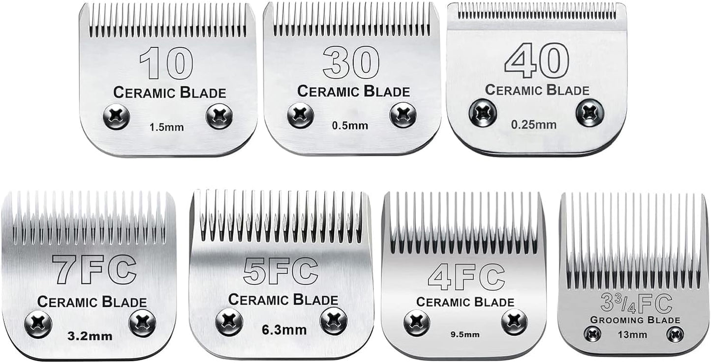 7Pack 10 Blades Dog Grooming Replacement Blades Compatible with Andis Pet Clipper/Oster A5/Wahl KM Series Dog Clipper,Ceramic Blade & Stainless Steel Blade (#10+30+40+3FC+4FC+5FC+7FC) - Pet Explorer