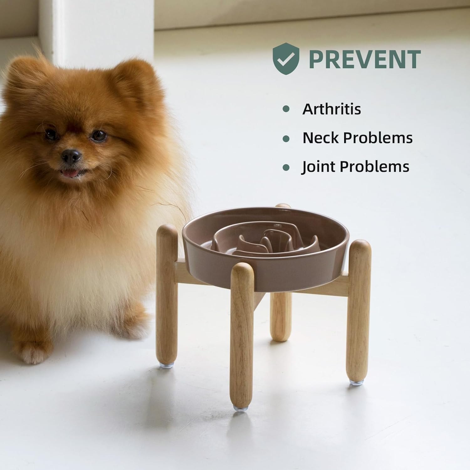 7.3inch Ceramic Raised Slow Feeder Dog Bowl Set, Elevated Wooden Stand for Medium and Small Dog, Puzzle Slow Food Dish, Preventing Choking(Brown Coffee, Single Bowl+ Stand) - Pet Explorer