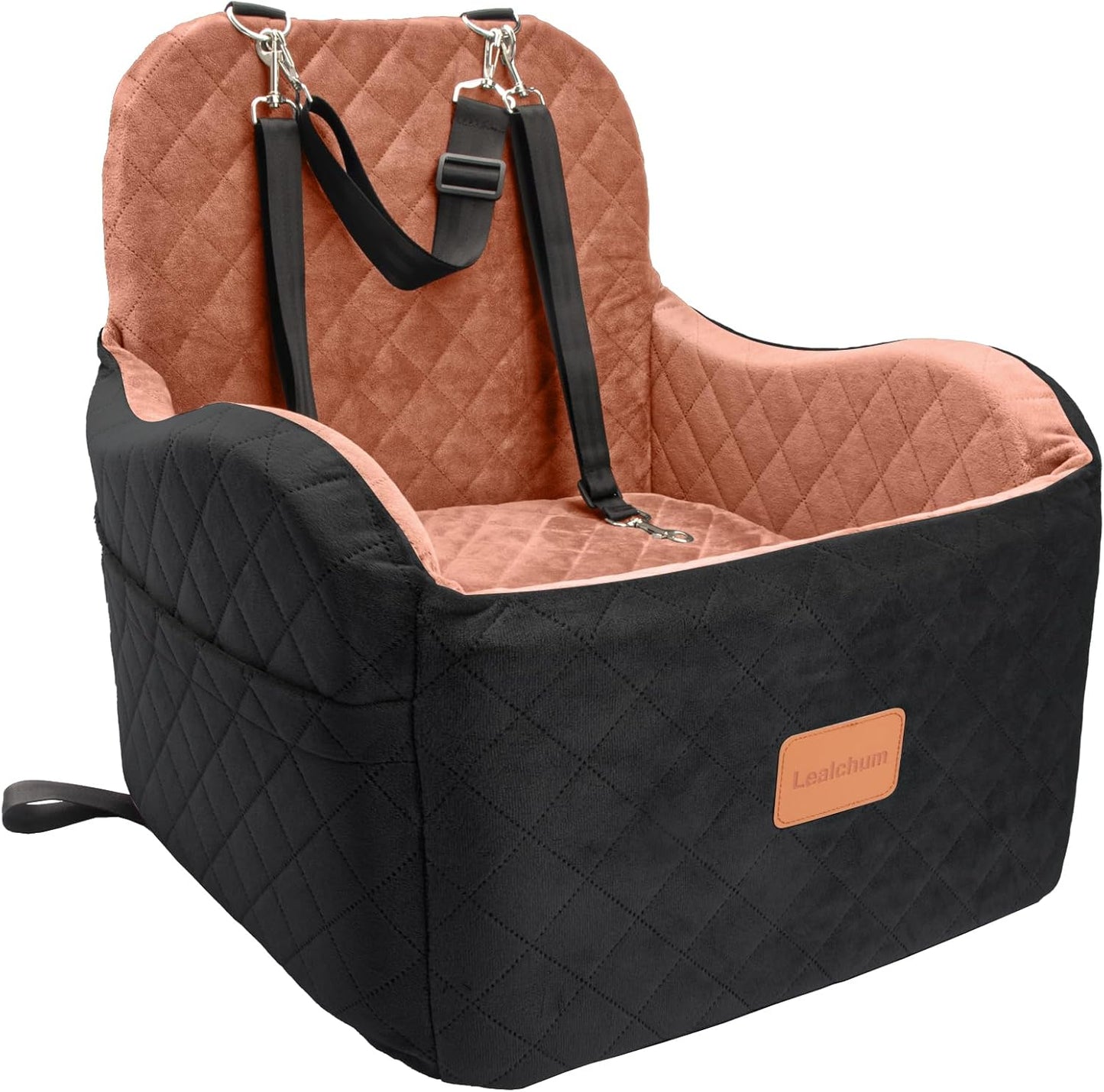 Dog Booster Car Seat for S/M Dogs Up to 35lbs,Soft 6in Elevated Cushion,Fits in Front/Back Seat,Fully Detachable and Washable,2 Storage Pockets & 3 Straps,Easy to Install (Black/Brown,Medium) - Pet Explorer