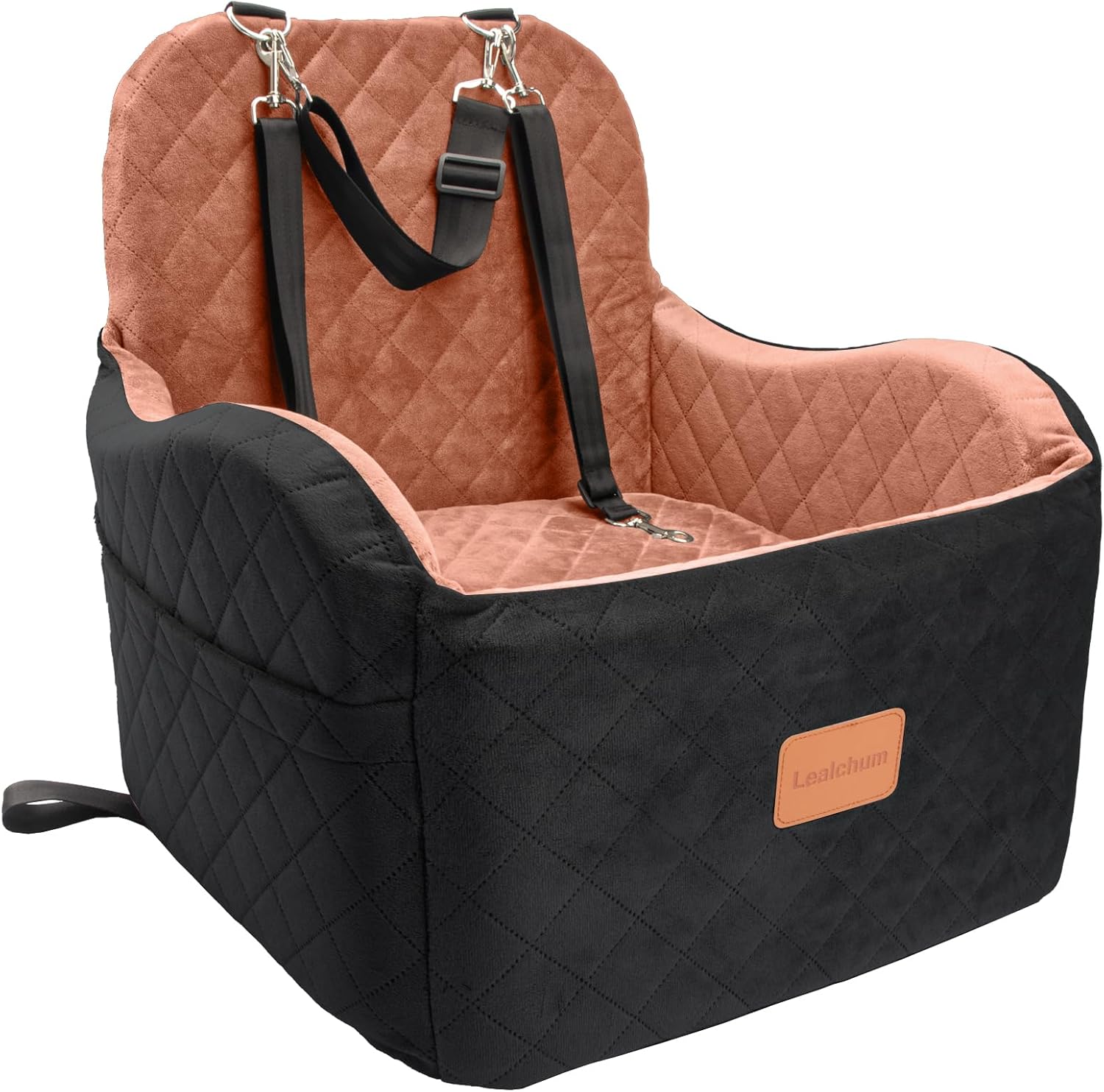 Dog Booster Car Seat for S/M Dogs Up to 35lbs,Soft 6in Elevated Cushion,Fits in Front/Back Seat,Fully Detachable and Washable,2 Storage Pockets & 3 Straps,Easy to Install (Black/Brown,Medium) - Pet Explorer