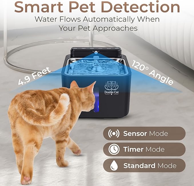 Double Cat™ Dog and Cat Water Fountain, Automatic, 108oz/3.2L, Smart Pet Detection, Wireless, Quiet Operation, LED Light Indicators and Multi-Layer Filtration – Fresh, Clean Hydration!