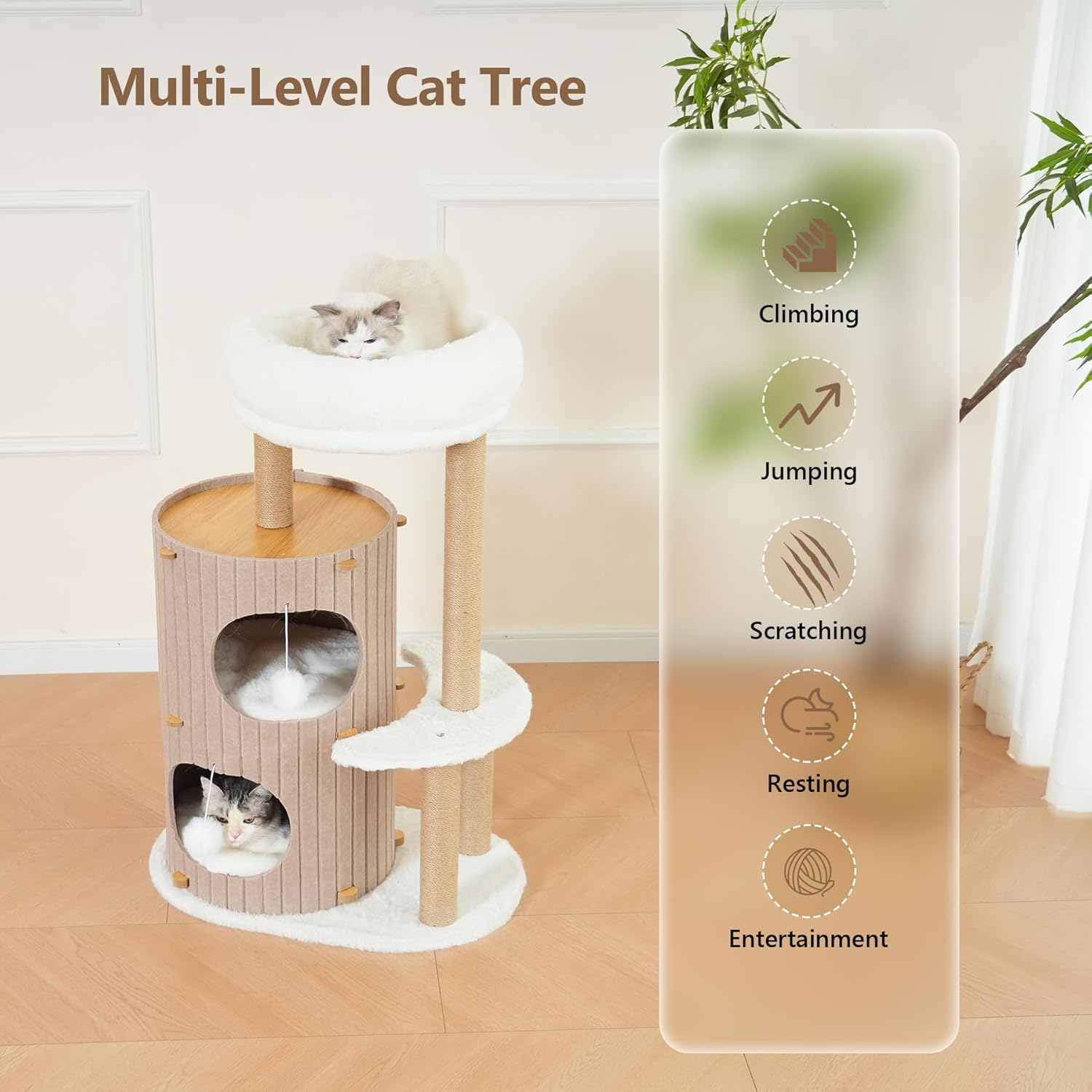 Cat Tree Tower with 2-Storey Large Felt Cat Bed Cave, Cozy Cats Tunnel Condo with Washable Cushions, 36.6" - Pet Explorer