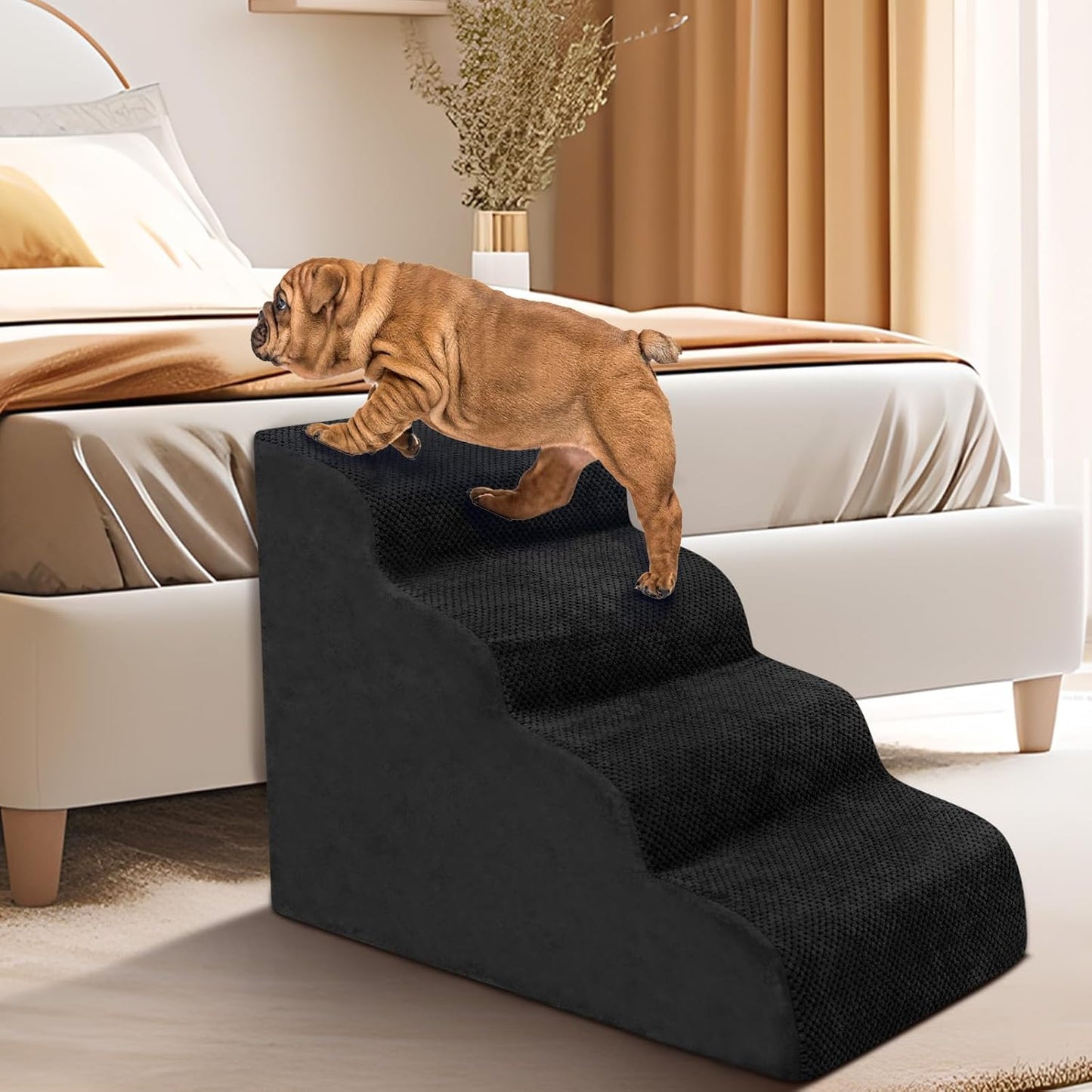 Dog Stairs for Small Dogs - High Density Foam Pet Steps, Extra Wide Dog Ramp with Non-Slip Bottom for High Beds, Couch and Sofa, Best for Dogs Injured, Older Doggy Cats, 4 Steps, Black - Pet Explorer