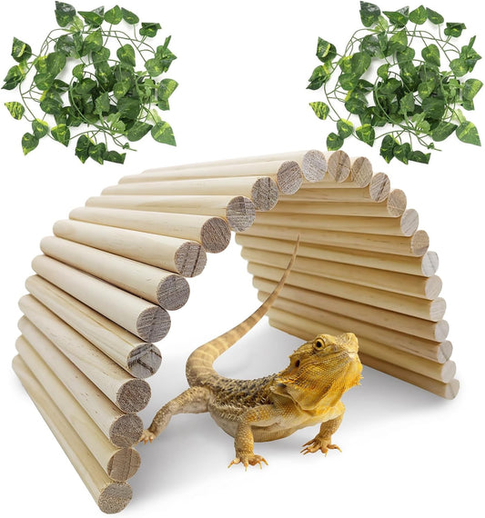 Hamiledyi 15.66 x 7.8 Inches Wooden Reptile Hideout Bearded Dragon Bendy Bridge Climbing Ladder Hiding Hut Reptiles Hide Cave Habitat Decor for Lizards Gecko Spiders Snakes Tortoise - Pet Explorer