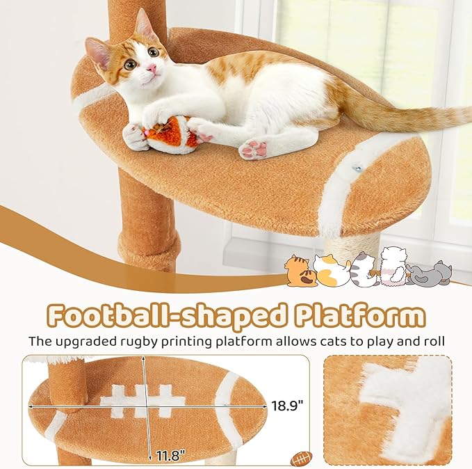 Erinnyees Cute Cat Tree for Indoor Cats Large Adult, 51" Multi-Level Tower with Condo & 12-Inch Plush Cat Bed, Football Shaped Platform, Space-Saving Cat Furniture for Apartments, Easy to Assembly