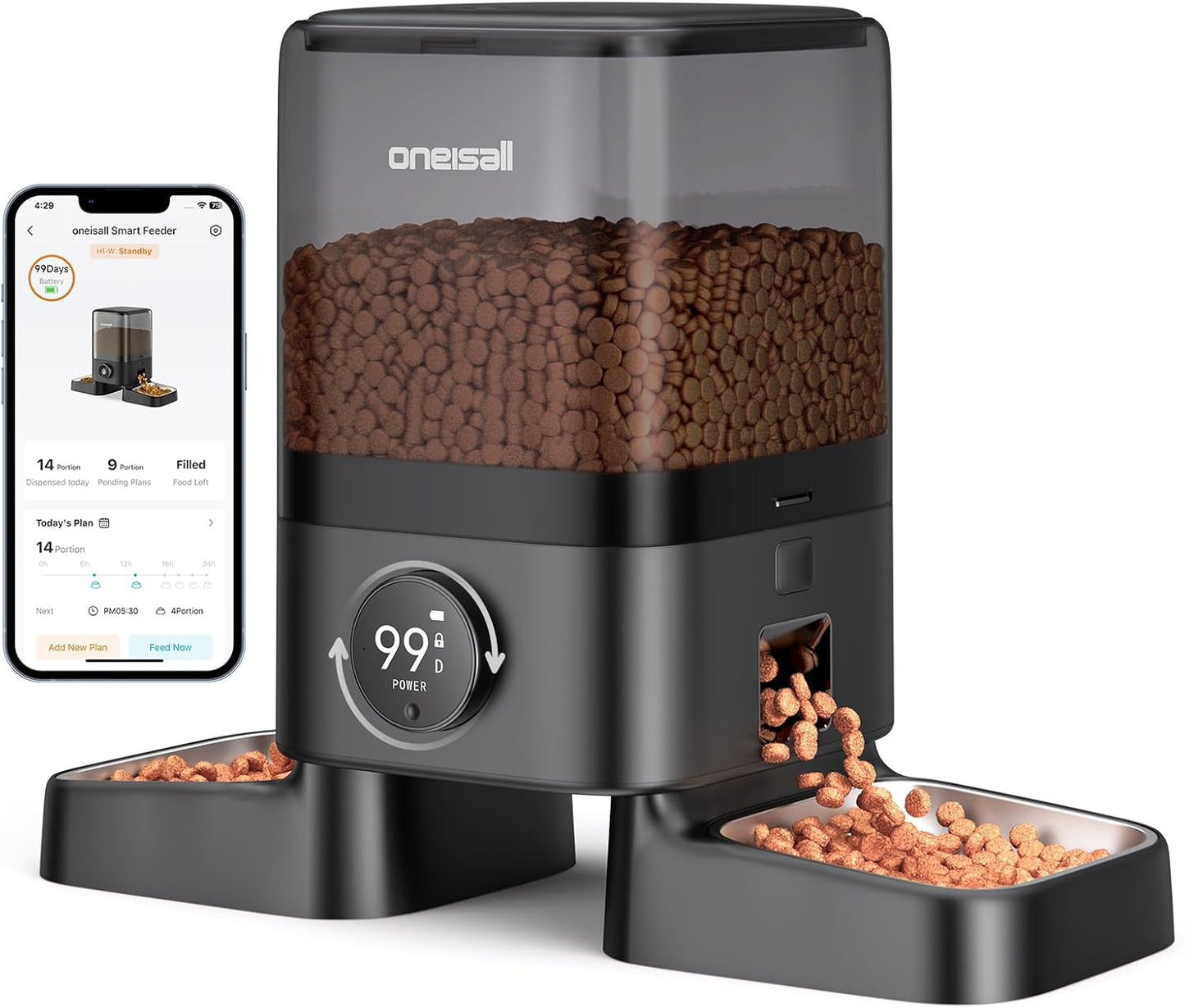 oneisall Wireless WiFi Automatic Cat Feeders 2 Cat, Rechargeable 100-Day Battery Operated Timed Cats Feeder, 20 Cups/5L Cats Food Dispenser Automatic for Large Kibble, Smart App Control.