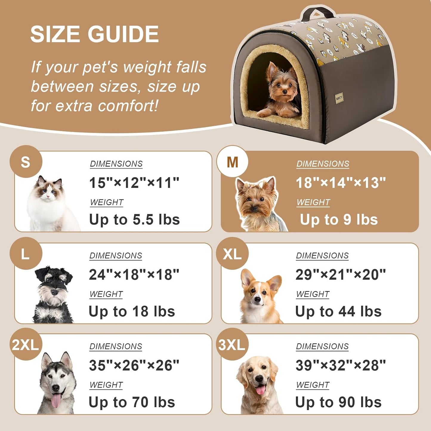 Jiupety Indoor Dog House, 2 in 1 Portable Foldable House Bed with Cover, Pet Tent & Cave Bed for Cats and Small Dogs, M(18"×14"×13"), Up to 9 Lb, Brown - Pet Explorer