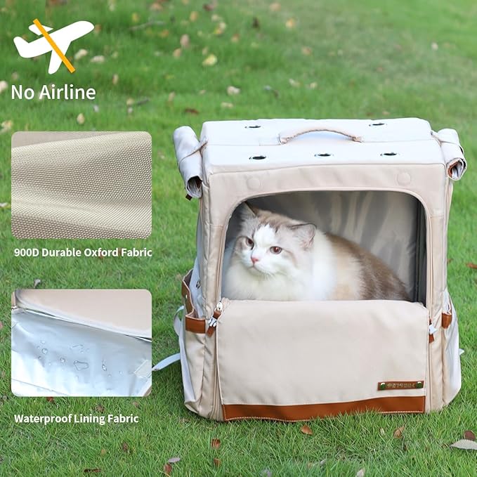 Cat Backpack Carrier for Large Cats, Shaded Waterproof Small Dog Backpack with Breathable Mesh, Soft Side Safety Pet Backpack for Hiking, Travel, Outdoor (Champagne)