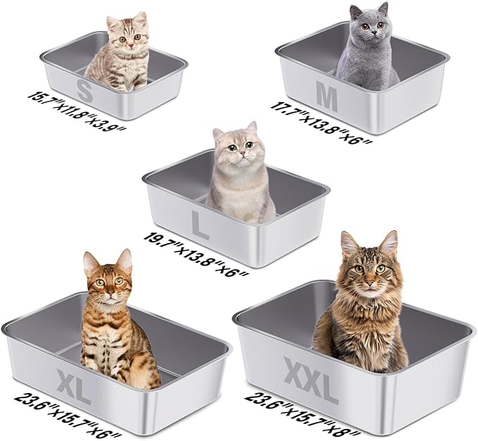 Stainless Steel Litter Box, Large Metal Cat Litter Box for Small to Medium Cats, High Sides, 18"x14"x6"，Non Stick, No Smell, Easy to Clean