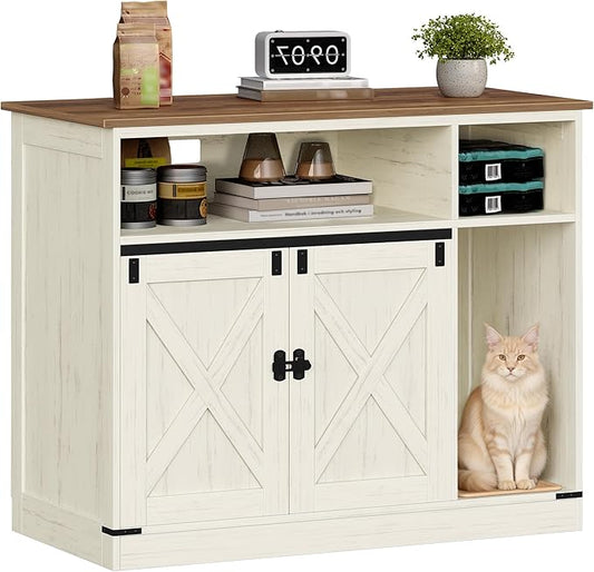 Cat Litter Box Enclosure, Hidden Litter Box Furniture with Storage, Wooden Cat Cabinet with Scratch Pad, Farmhouse Cats House, TV Stand End Table, Rustic Brown and White CB88614X