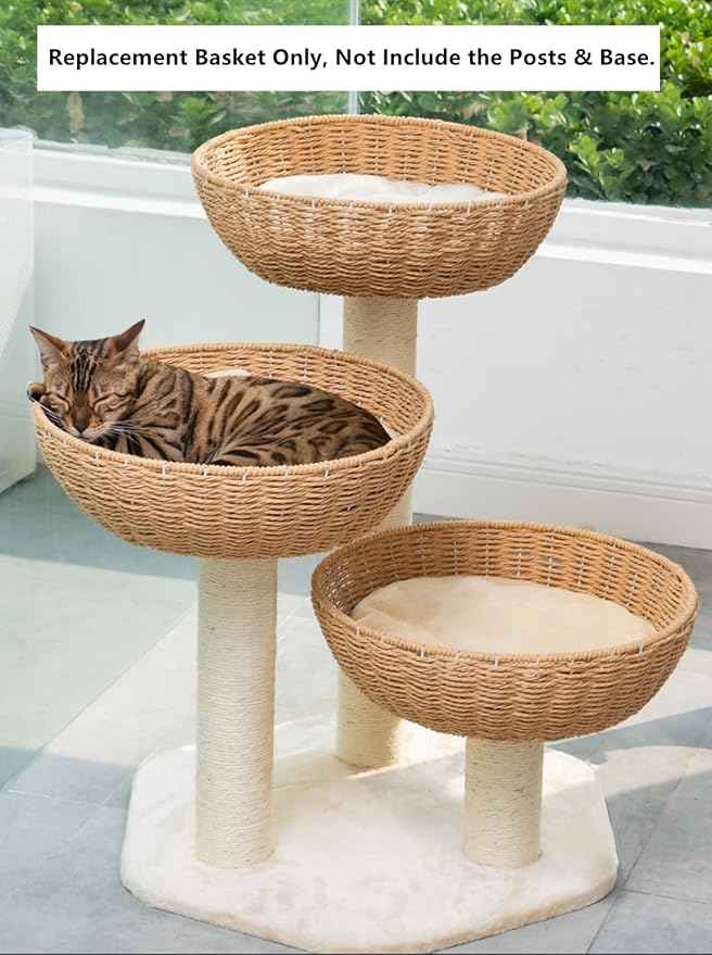 SHENGOCASE Cat Tower Tree Add ons Accessories Replacement Part Basket Bed, Handwoven Wicker Rattan Nest Bowl with Soft Cushion (1pc)