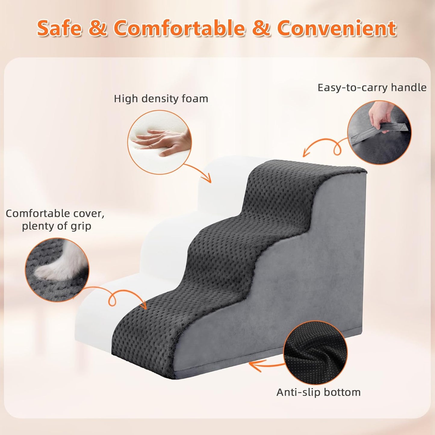 MIHIKK Dog Stairs Ramp, Curved 3-Step Dog Steps for Small Dogs and Cats, Pet Stairs for High Beds and Couch with Anti-Slip Washable Cover and Durable High Density Foam, Dark Grey - Pet Explorer